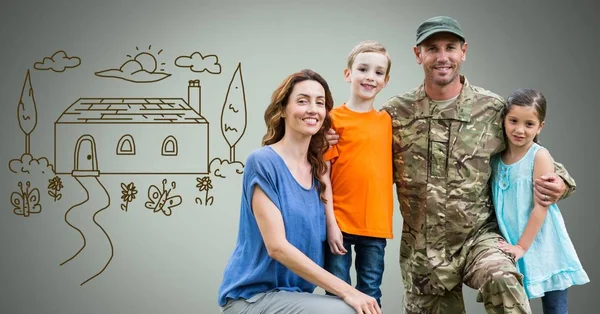 Digital Composite Happy Military Family Home Drawing — Stock Photo, Image