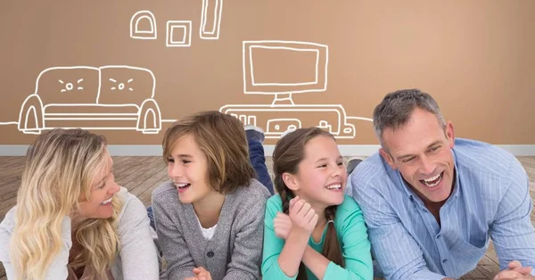Digitální Složený Rodinu Smát Spolu Baví Výkresy Domů Televize — Stock fotografie
