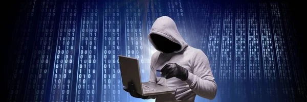 Compuesto Digital Hacker Anónimo Con Interfaz Binaria Código Computadora —  Fotos de Stock