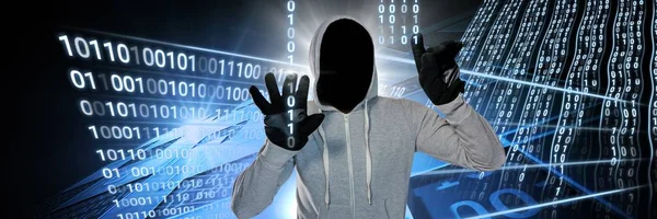 Compuesto Digital Hacker Anónimo Con Interfaz Binaria Código Computadora — Foto de Stock