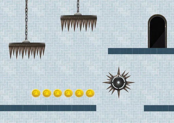 计算机游戏水平的数字组合与硬币和陷井 — 图库照片