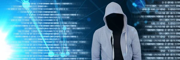 Compuesto Digital Hacker Anónimo Con Interfaz Binaria Código Computadora —  Fotos de Stock