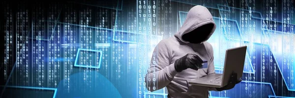 Цифровий Композит Анонімного Хакера Двійковим Інтерфейсом Комп Ютерного Коду — стокове фото