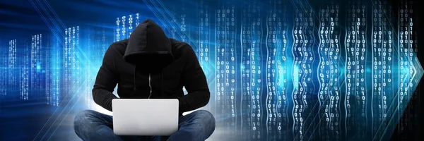 Digitale Composiet Van Anonieme Hacker Met Computer Code Binaire Interface — Stockfoto