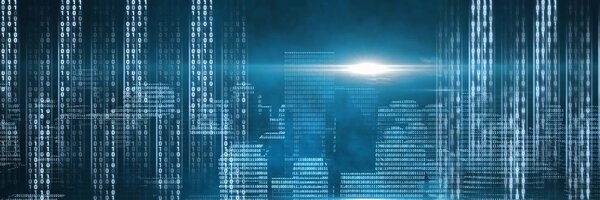 Digital composite of Code binary interface and blue background