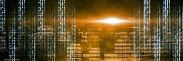 Digital composite of Code binary interface and yellow city background