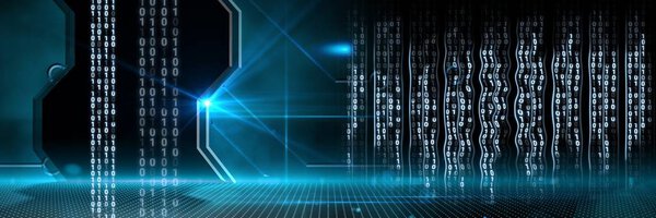 Digital composite of Code binary interface and blue technology background