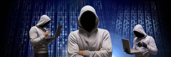 Digitale Composiet Van Anonieme Hackers Met Computer Code Binaire Interface — Stockfoto