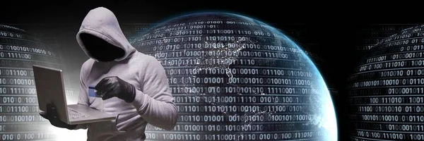 Digital composite of Anonymous hacker with computer code binary interface and earth world