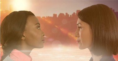Digital composite of Women looking at each other with sun in background clipart