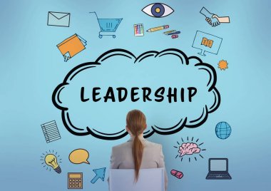 Kadın oturma seyir dijital bileşik doodle liderlik,