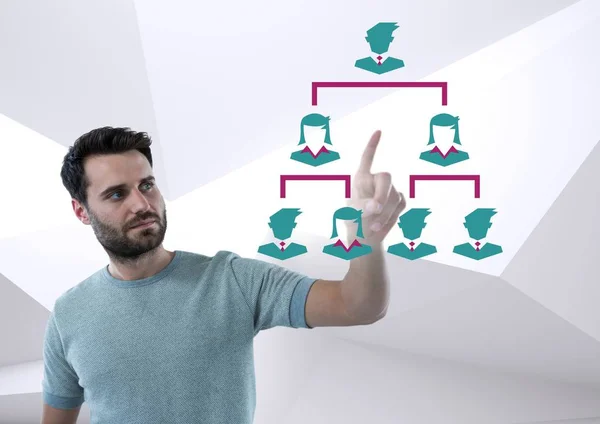 手指与商务人的数字复合图标连接的树 — 图库照片