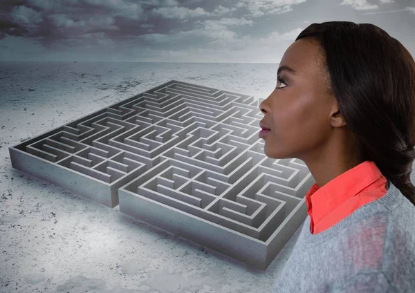 Digital composite of Young woman looking past maze