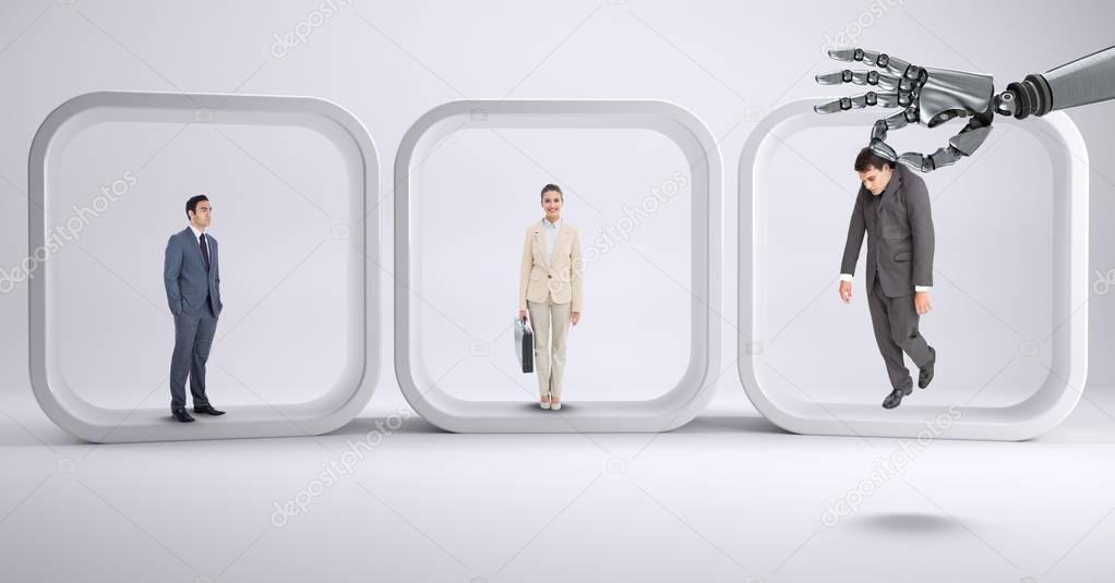 Digital composite of Robot hand choosing a business man on withe background with business people