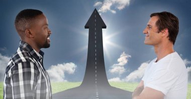 Erkeklerin birbirine ok poiting ile arka planda bakarak dijital bileşik