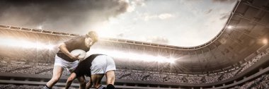 Spor Arena oyun sırasında mücadele rugby oyuncuları karşı destekçisi ile birçok parçalardan oluşan imge