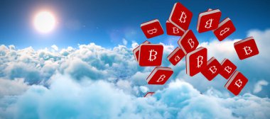 Bitcoin sembolü beyaz cennet üzerinde parlak güneşin doğal görünümü karşı