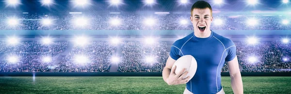 Gritando Jugador Rugby Sosteniendo Pelota Rugby Contra Imagen Digital Del —  Fotos de Stock
