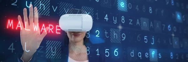 Affärskvinna Gestikulerande Medan Använder Virtuell Verklighet Headset Mot Virus Bakgrund — Stockfoto