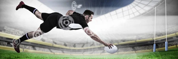 Longitud Completa Del Jugador Rugby Anotando Gol Contra Campo Rugby —  Fotos de Stock