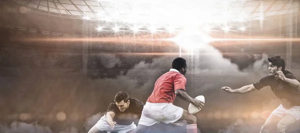 Digitale Beelden Van Verlichte Schijnwerpers Stadium Tegen Rugbyspelers Spelen Een — Stockfoto
