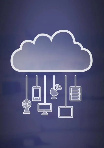 青い背景の雲アイコンと掛かる接続デバイスのデジタル合成 — ストック写真