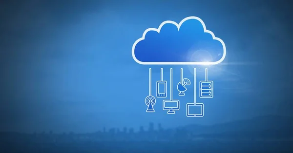 Cyfrowy Kompozytowy Chmura Ikona Wiszące Urządzeń Połączenie Niebieskim Tle — Zdjęcie stockowe