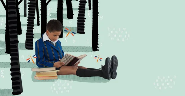 Digitale Samenstelling Van Boy Lezen Een Getekende Forest — Stockfoto