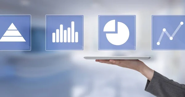 Digital Komposit Handen Håller Tablett Med Business Internationell Statistik Ikoner — Stockfoto
