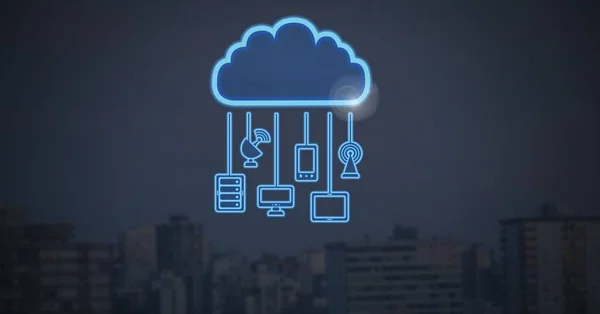 Digitaler Verbund Aus Cloud Symbol Und Hängenden Verbindungsgeräten Mit Dunklem — Stockfoto