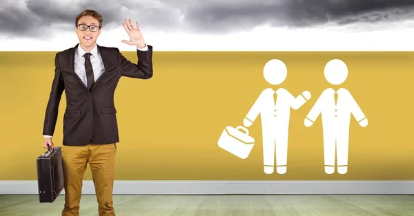 Digital Composite Businessman Waving Briefcase Meeting Icon Wall — Stock Photo, Image