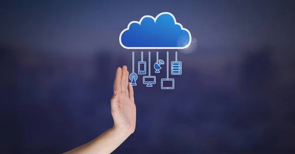 Ψηφιακός Σύνθετος Χέρι Συσκευές Σύνδεσης Σύννεφο Εικονίδιο Και Κρεμαστά — Φωτογραφία Αρχείου