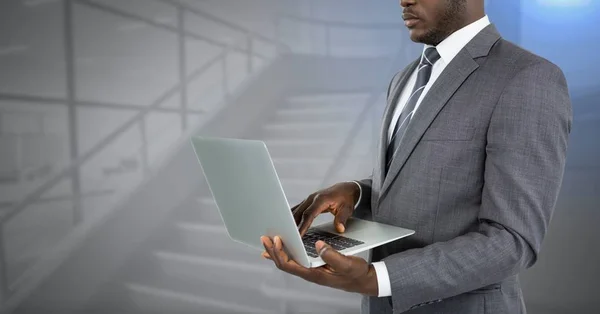 Digital Composite Businessman Hands Using Laptop — Stock Photo, Image