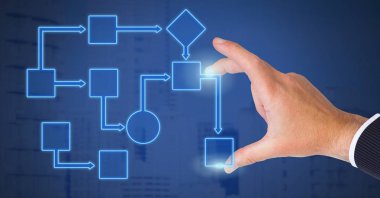 Mavi arka plan ile tel kafes dokunmadan el dijital bileşik