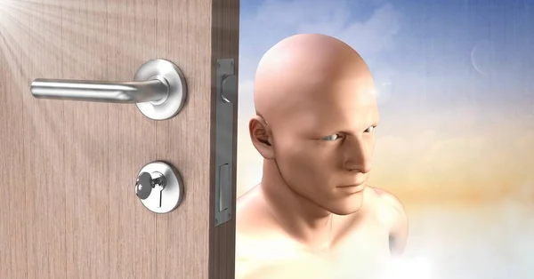Ψηφιακός Σύνθετος Πόρτα Κλειδί Ξεκλειδώνοντας Σουρεαλιστική Φαντασία Επανδρώνει Κεφάλι — Φωτογραφία Αρχείου