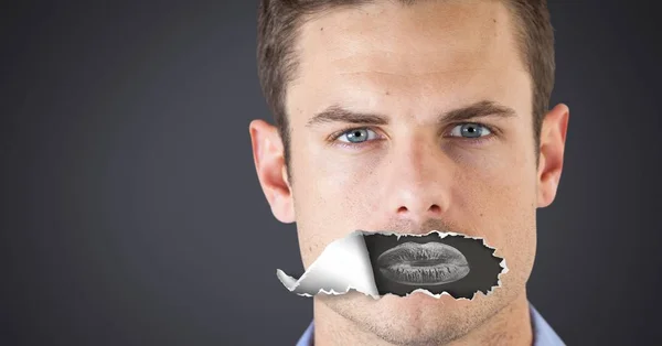 Composto Digital Homem Com Papel Rasgado Boca Lábios Negativo — Fotografia de Stock
