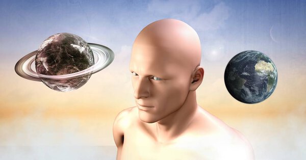 Digital composite of mans head and planets spheres in clouds