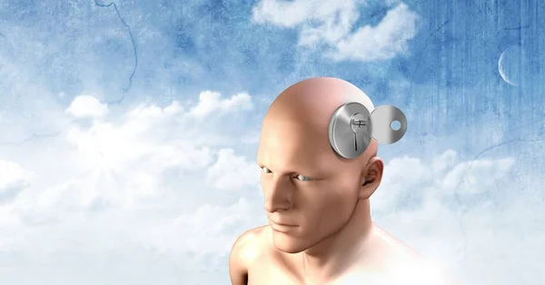 数字组合密钥解锁3D 人头的超现实主义想象 — 图库照片