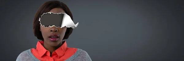 Compuesto Digital Mujer Con Papel Roto Los Ojos — Foto de Stock