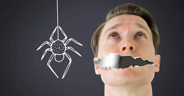 Digital Komposit Arachnophobia Rädsla Man Med Pappersrevor Mun Och Läskig — Stockfoto