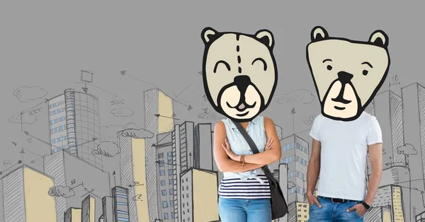 Digital Composite Couple Bear Animal Head Faces City — Stock Photo, Image