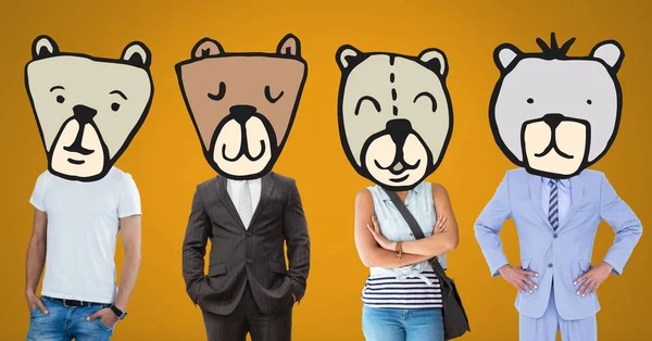 Composto Digital Pessoas Com Caras Cabeça Urso Animal — Fotografia de Stock