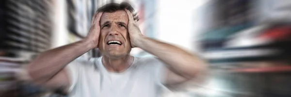 Mature Man Head Hands Suffering Headache Blurry New York Street — Stock Photo, Image