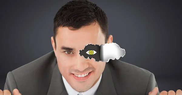 Compuesto Digital Del Hombre Con Papel Rasgado Dibujo Del Ojo — Foto de Stock