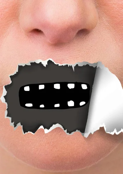 Cyfrowy Kompozytowy Twarz Rozdarty Papier Usta Usta Kreskówki — Zdjęcie stockowe
