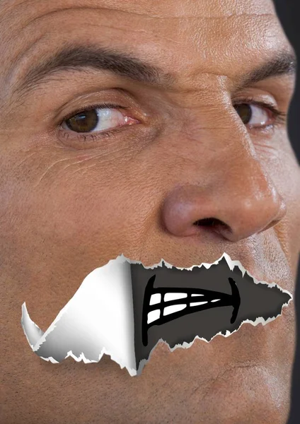 Ψηφιακός Σύνθετος Θυμωμένος Άνθρωπος Σκισμένο Χαρτί Στο Στόμα Στόμα Και — Φωτογραφία Αρχείου