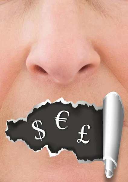 Digital Komposit Ansikte Med Pappersrevor Munnen Och Pengar Valuta Mun — Stockfoto