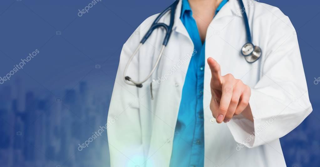 Digital composite of Doctor's hand touching with blue background