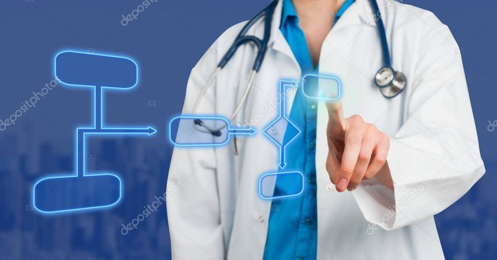 Digital composite of Doctor's hand touching wireframe with blue background