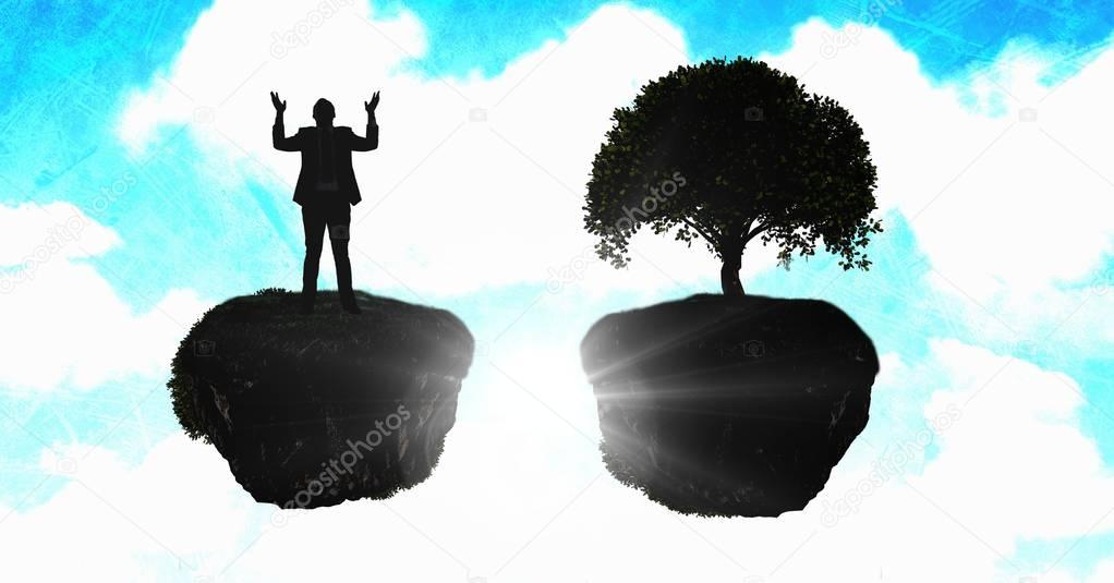 Digital composite of Person reaching out arms with surreal Floating tree in sky